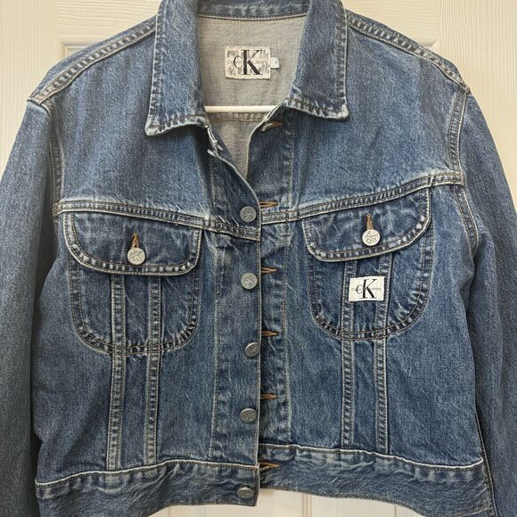 Vintage CALVIN KLEIN Dark Wash Collar Cropped Denim Jean Jacket Size Medium - Picture 2 of 6